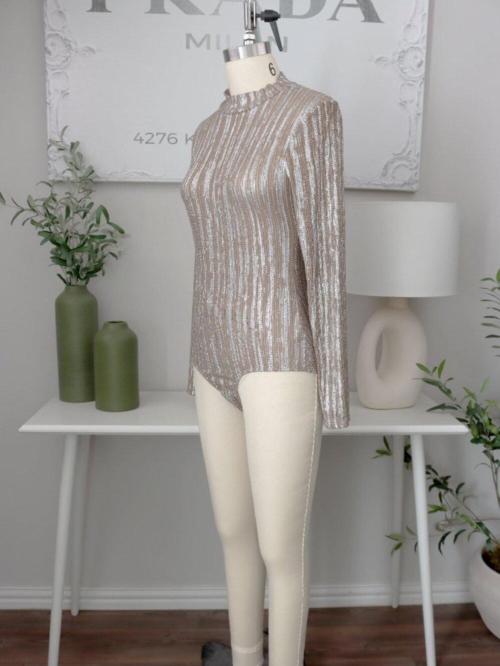 Luxxel Metallic Silver & Taupe Chevron Long Sleeve Bodysuit